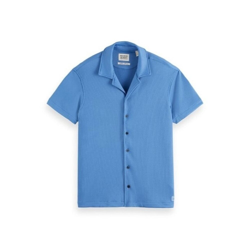 Scotch & Soda Popcorn Jersey Camp Shirt Blue Short Sleeve Button Up Mens L